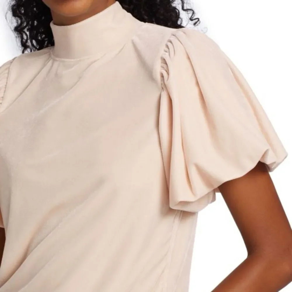 Free People Claudia Velvet Tee Puff Sleeve Mockneck Top Ballet Pink Size XS